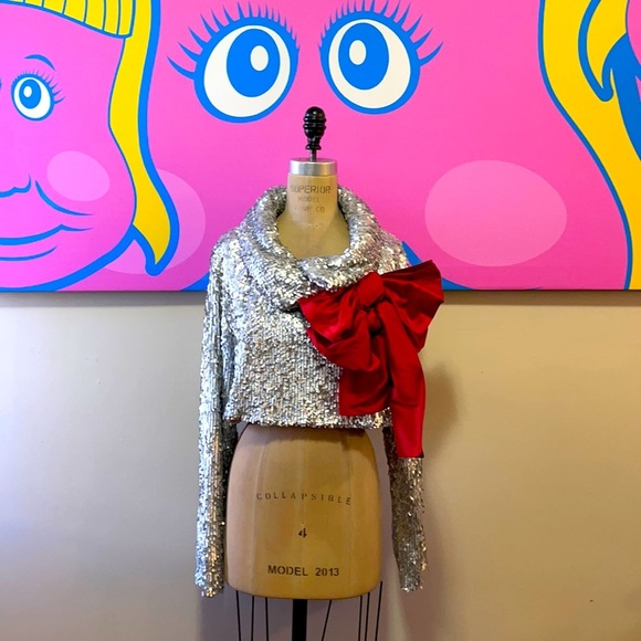 OMO Norma Kamali Silver Sequin Jacket Red Bow
